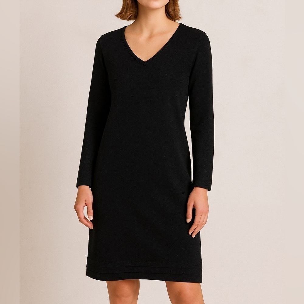 A.P.C. Rue Madame Paris Black Lurex V-Neck Long Sleeve Knit Shift Dress Size M